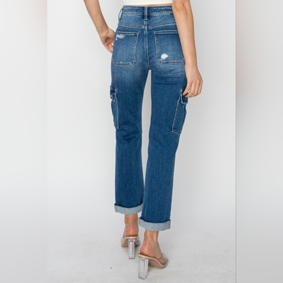 RISEN Retro 90 Cargo High-Rise Distressed Rolled Ankle Denim Jeans Utility Pants - Picture 11 of 15